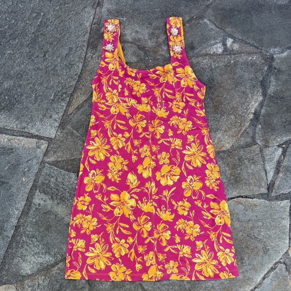 Zara Mini Dress Womens Medium Pink Orange Floral Rhinestone Open Back 90s Y2K